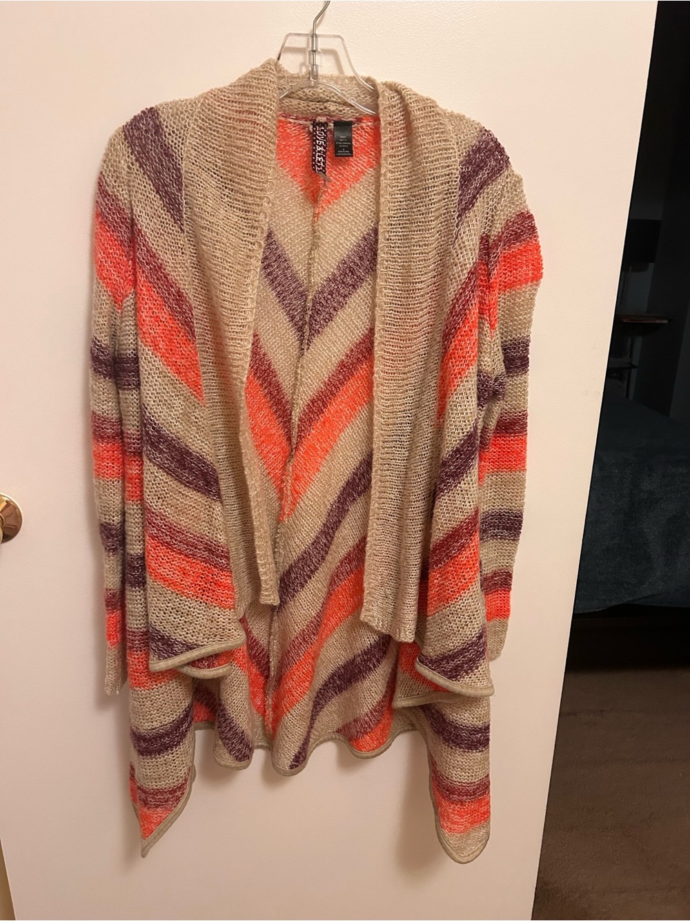 Striped Open-Front Shawl Cardigan in Beige, Coral & Purple
